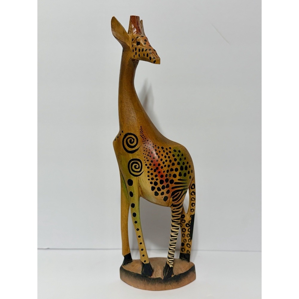 Vintage Hand Carved Wood Giraffe Figurine African Folk Art Painted Tribal 12in